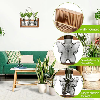 Glass Plant Propagation Station Butterfly Planter Vase with Wooden Stand Birthday Gifts for Women Mom Plant Lovers Office Home Decoration