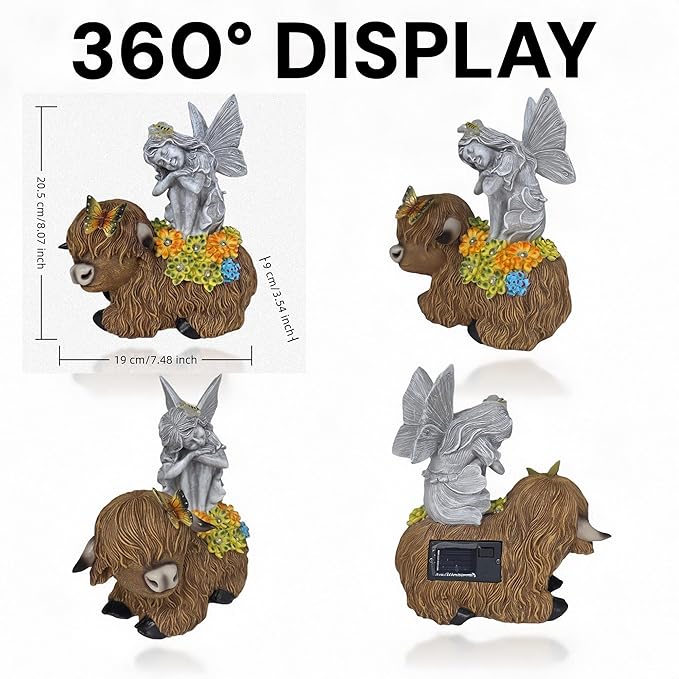 Angel Garden Decor Statue Solar Angel Sitting on Highland Cow Succulent Butterfly Bee LED Lights Outdoor Decorations for Yard Patio Housewarming Gift for Mom Women