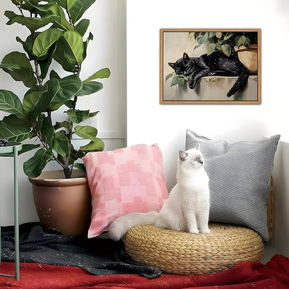 Floating Framed Black Cat Canvas Wall Art, Lazy Cute Cat Wall Decor Paintings, Vintage Animal Plant Prints Poster, Rustic Aesthetic Home Decor for Living room Bedroom Bathroom 16x24 inch