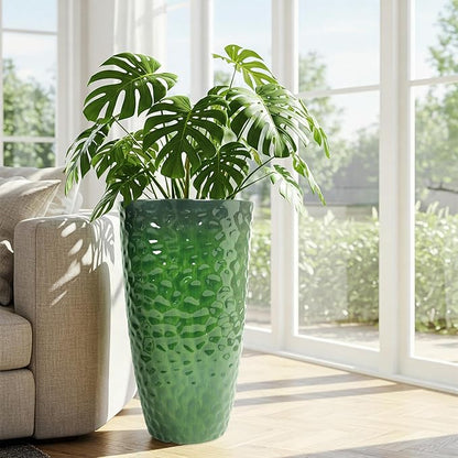Worth Garden 14" Dia x 24" H Large Plastic Planters with Drainage Hole, Set of 2 Hammered Texture Green Glossy Smooth Finish, Tall Round Decorative Flower Plant Pot for Indoor Outdoor, Front Porch