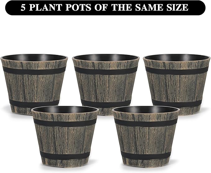 5 Pack 7 Inch Plastic Plant Pots, Whiskey Barrel Planters, Flower Pots for Indoor Outdoor Home Herb Snake Plants, Durable Pots, Set of 5