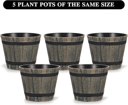 5 Pack 7 Inch Plastic Plant Pots, Whiskey Barrel Planters, Flower Pots for Indoor Outdoor Home Herb Snake Plants, Durable Pots, Set of 5