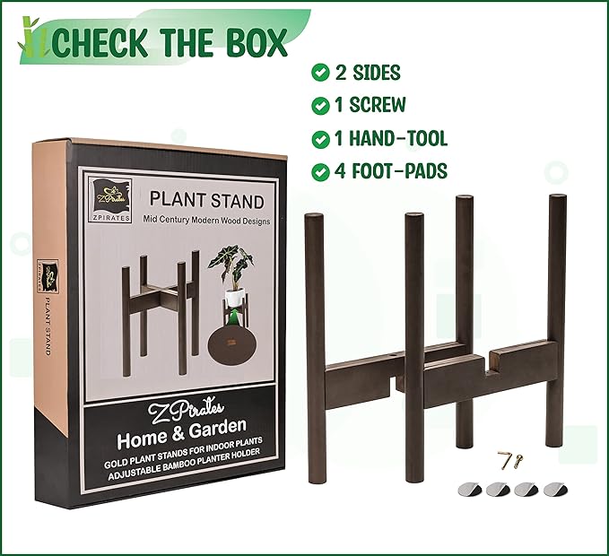 ZPirates Plant Stand Indoor, Outdoor - Adjustable Sideways to Support 8 to 12-Inch Small to Large Planter Pot and Flower Vase Holder - Leg Length 14-inch - Dark Bamboo Wood
