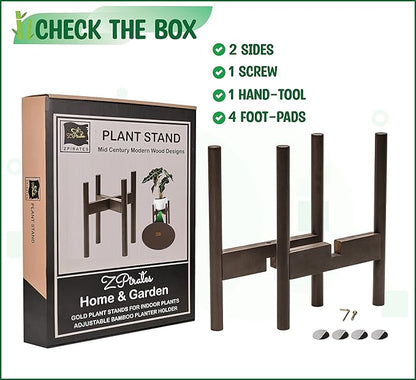 ZPirates Plant Stand Indoor, Outdoor - Adjustable Sideways to Support 8 to 12-Inch Small to Large Planter Pot and Flower Vase Holder - Leg Length 14-inch - Dark Bamboo Wood