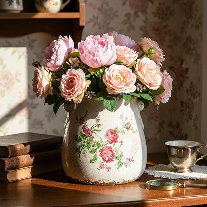 Ceramic Scroll Planter 6.5 Inch Chinoiserie Floral Vase with Drainage Holes Vintage Flower Vase Flower Pot Rustic Ceramic Pots for Indoor Plants Garden Home Bookshelf Decor (Pink Green)
