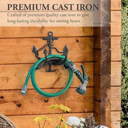 MyGift Wall Mounted Hose Holder, Nautical Cast Iron Garden Water Hose Reel, Decorative Seaside Boat Dock Themed Hook for Hanging Gardening Equipment (Ship Anchor)