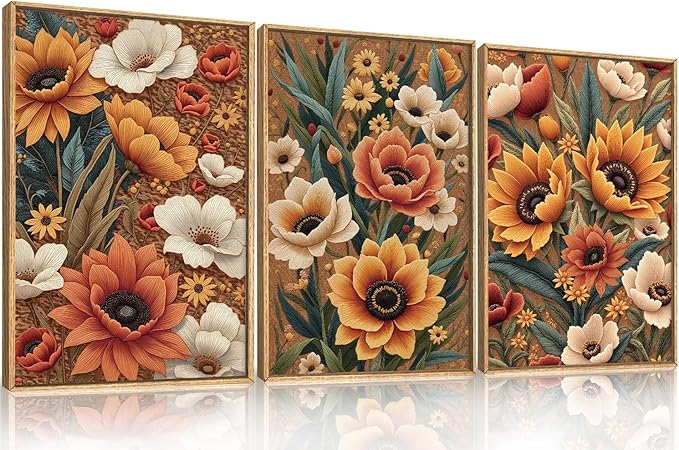 Large Boho Flower Botanical Framed Canvas Wall Art,Abstract Floral Wall Decor,Embroidery Plant Painting,Bloom Wildflower Artwork for Living Room,Bedroom,Dining Room,Office -16"x24"x3