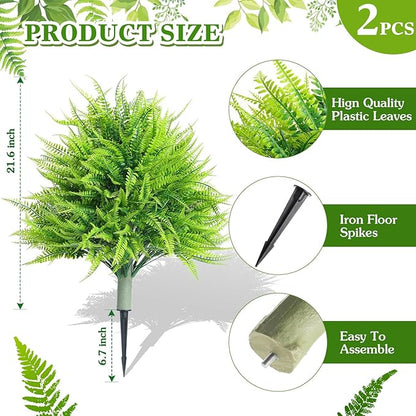 2 Artificial Boston Fern with Integrated Ground Stake 24'' Realistic UV Resistant Faux Plant with Spike for Indoor Outdoor Garden Yard Spring Summer Wedding Decoration