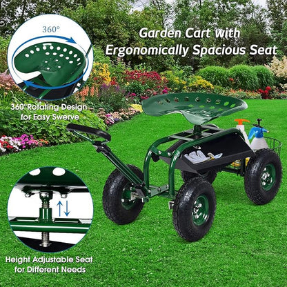 Goplus Rolling Garden Cart with Seat, Outdoor Garden Stool with Wheels, Tool Tray & Basket, Adjustable Steering Handle, 360 Degree Swivel Seat for Planting, Gardening Scooter for Lawn, Yard, Patio