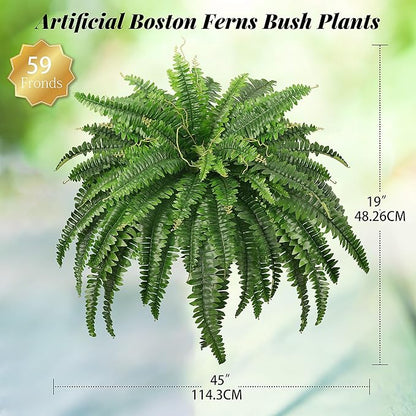 45" Fake Ferns, Realistic Large Artificial Bush Plants, 2 Artificial Boston Ferns with 59 Fronds for Outdoors Planter Indoor Home Garden Porch Decor