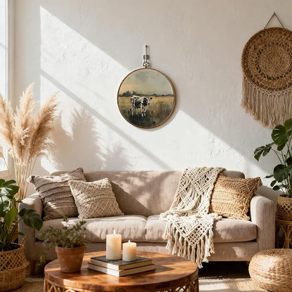DEQSX Vintage Farmhouse Cow Round Wall Art, Rustic Country Cottagecore Landscape Farm Animals Wall Decor Canvas Prints Posters for Home Bedroom Living Room, 10x10 Inches