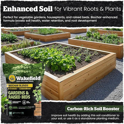 Wakefield Biochar Blend with CarbonBoost™ Technology – Enhanced Water & Nutrient Retention for Raised Bed Garden Soil - Ultimate Organic Potting Soil Mix for Vegetables, Gardens and Houseplants - 2qt