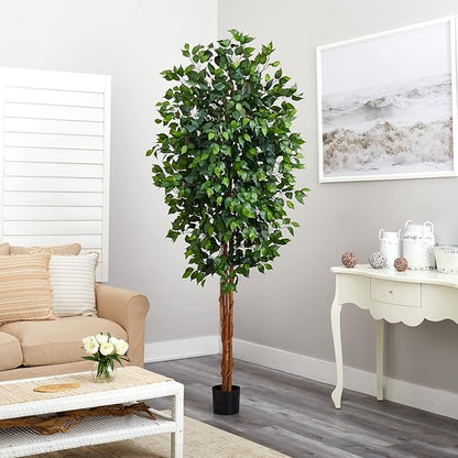 Nearly Natural 7ft Triple Trunk Artificial Ficus Tree with Natural Wood Trunks, Fake Tree for Indoor Home Décor, Faux Ficus Tree with Black Nursery Pot