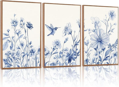 HLNIUC Bule Flower Bird Wall Art Set,Large Canvas Wall Art Blue White Wildflower Poster,Farmhouse Vintage Blue Bird Blossoms Canvas Painting,Botanical Floral Art Print for Living Room Bedroom-16"x24"x3