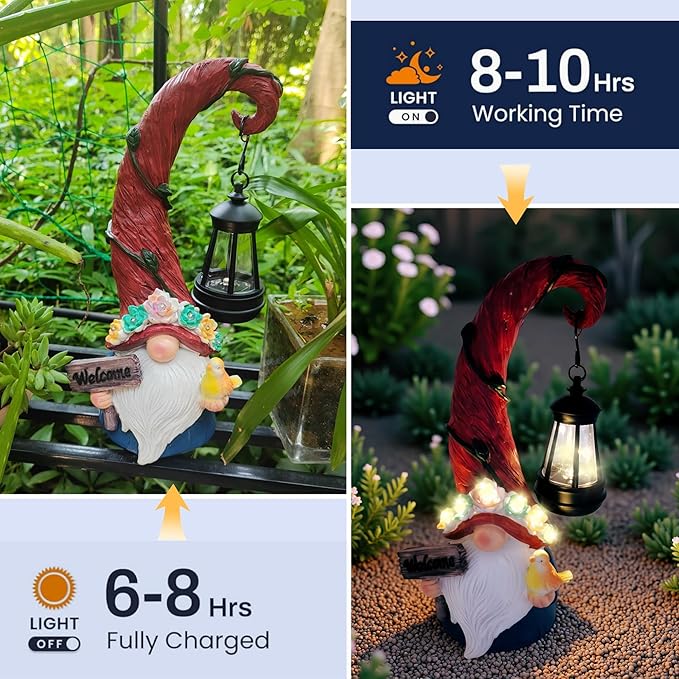 Evursua Solar Outdoor Figurine Lights Gnome Garden Decor Statue with LED Lantern, Glowing Fairy Yard Decorations for Outside Patio Yard Front Porch, Housewarming Home Decor Gifts Thanksgiving