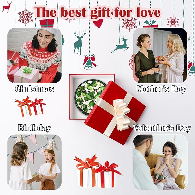Stained Glass Window Hanging - Ireland Green Lucky Clover Suncatcher for Doors Garden St. Patrick's Day Sun Catchers Decor Mother's Day Birthday for Women Men Mom Nana 9.8 in