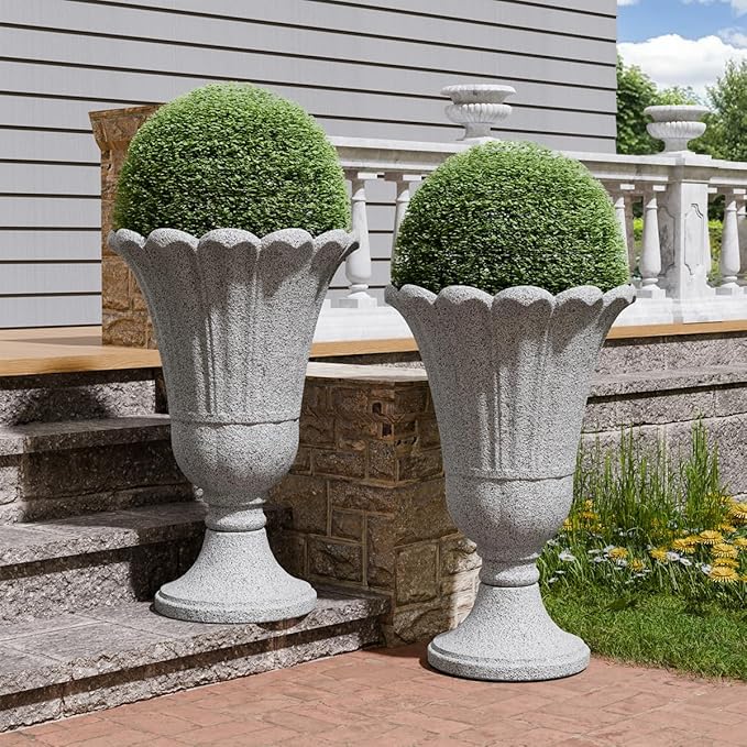 Tall Plastic Urn Planters for Outdoor Plants Set of 2-23.6" H Classic Petal Design Indoor Large Flower Pots with Drainage Holes, Outdoor Planters for Porch Decor/Garden Vase, Grey