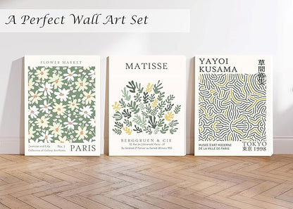 Induslyfe Large Framed Green Wall Art Canvas Decor Set of 3, Matisse Wall Art Framed Prints Posters Mid Century Modern Art, Aesthetic Floral Botanical wall art for bedroom, living room bathroom 18x24