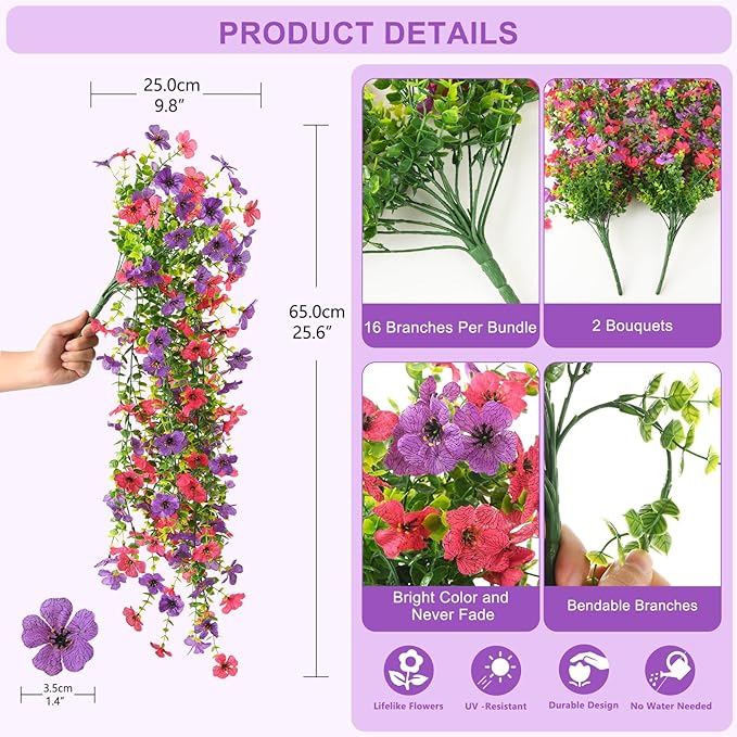 Fake Artificial Hanging Flowers for Outdoors, 2 Pcs Fake Hanging Plant Spring Summer Decor, UV Resistant No Fade Faux Silk Daisy Flower for Front Door Porch Planter Patio Yard Garden(Purple Hot Pink)