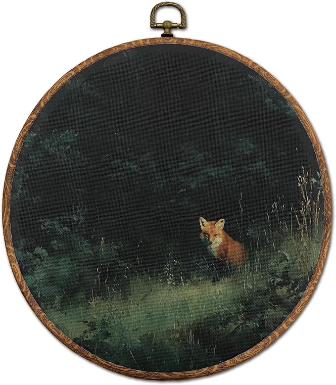 DEQSX Vintage Fox Round Wall Art, Rustic Dark Academia Nature Country Cottagecore Farmhouse Wild Animals Wall Decor Canvas Prints Posters for Home Bedroom Living Room, 10x10 Inches