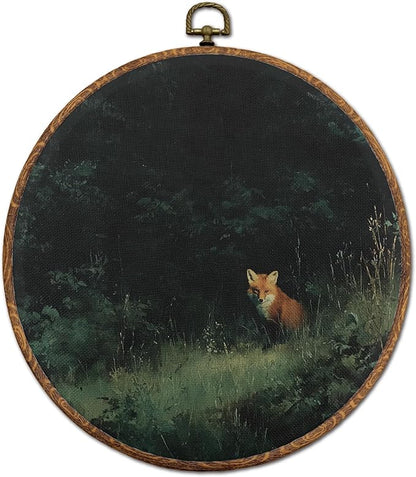 DEQSX Vintage Fox Round Wall Art, Rustic Dark Academia Nature Country Cottagecore Farmhouse Wild Animals Wall Decor Canvas Prints Posters for Home Bedroom Living Room, 10x10 Inches