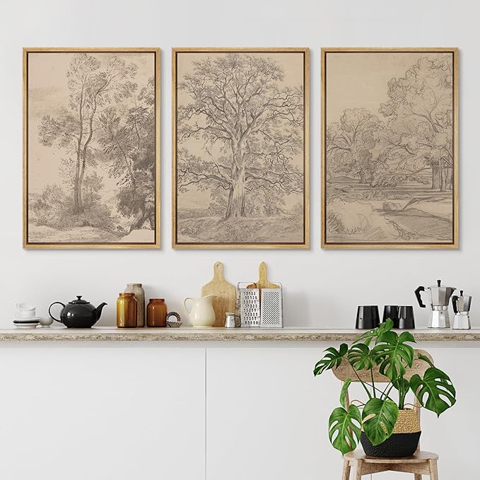 Ashbrook Framed Canvas Print Wall Art Set Retro Vintage Sketchbook Forest Country Landscape Farmhouse Decor Nature Wilderness Illustrations Floral Botanical Retro for Bedroom - 24"x36"x3 NATURAL