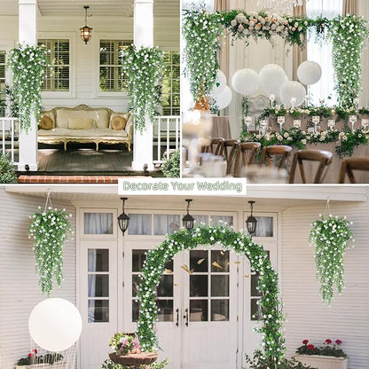 RECUTMS Artificial Hanging Plants Fake Hanging Plant Faux Eucalyptus Leaf Greenery Vine Outdoor UV Resistant Plastic Plants Home Garden Wedding Party Indoor Outdoor Decorations(White)
