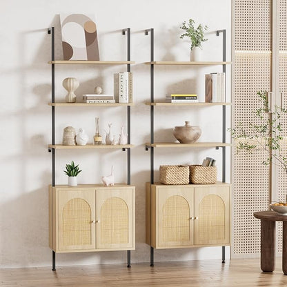 Set of 2 Tall Bookshelf with Storage, 6 Tier Ladder Bookshelf with Rattan Cabinet, Wall Mounted Bookcase with Doors & Metal Frame for Living Room, Bathroom, Home Office, Natural