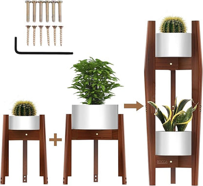 ROCCA 2-Tier Adjustable Width 8" to 12" Stackable Bamboo Tall Plant Stand Indoor, Corner Wood Plant Stand, Wooden Plants Holder, Plants Stands Indoor, Modern Pedestal Tables for Multiple Pots