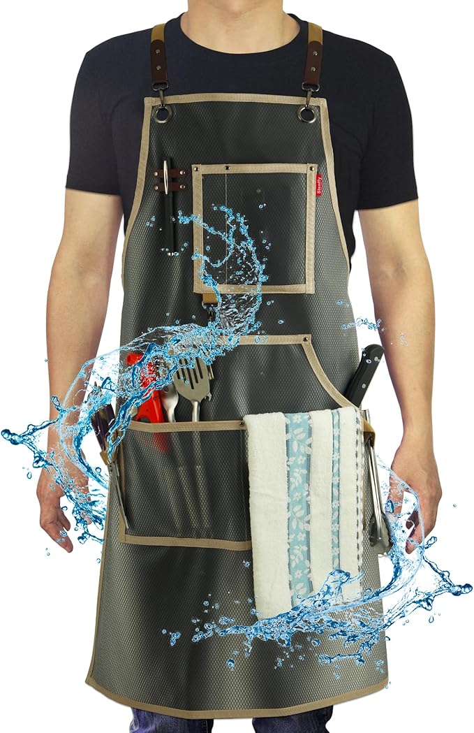 Waterproof Work Apron for Chefs, Hair Stylists, Artists, Gardeners, Adjustable, Multi-Pockets, TPU Mesh Fabric, Plus Size