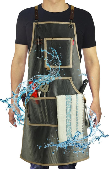 Waterproof Work Apron for Chefs, Hair Stylists, Artists, Gardeners, Adjustable, Multi-Pockets, TPU Mesh Fabric, Plus Size