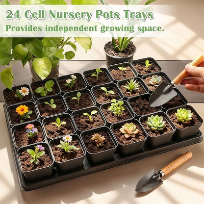 24 Cell Nursery Pots Trays 10 Pack (17"x11"x1.6"), Reusable Plastic Plant Pot Tray with Drain Holes, Carrying Seed Starter Tray for Holding 2.8 inch (7CM) Square Nursery Pots (Black)