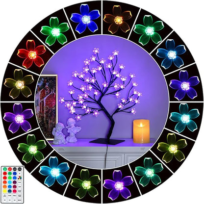 2pcs 48 LED Artificial Lighted Cherry Blossom Tree - Cherry Blossom Bonsai Tree 16 Color-Changing Metal Base Night Lights for Christmas Wedding Party