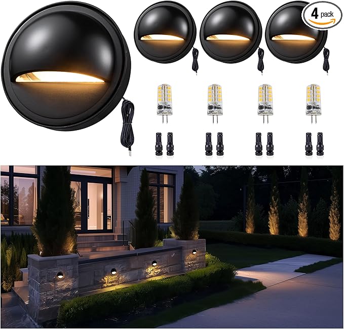 Gardenreet Low Voltage LED Deck Lights - Solid Brass Landscape Step Lights, Outdoor 12V Hardwired IP65 Waterproof, Black Round for Stair Patio Wall Yard with 2700K Warm White G4 Bulb 4 Pack