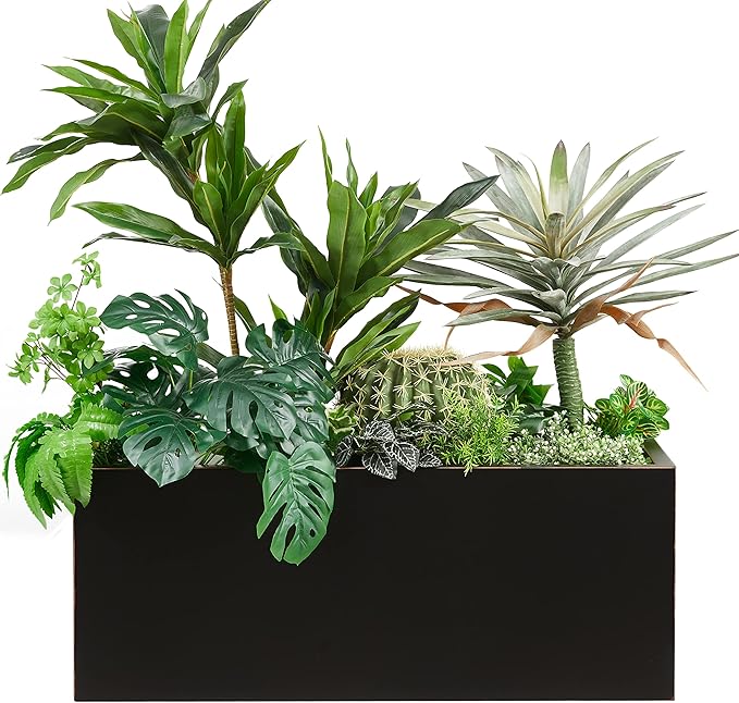 Wallowa Metallic Heavy Long and Large Outdoor/Indoor Planter, Rectangular Trough Planter Box, 38”Lx15”Wx15”H, 40Pounds, Black with Hand Brushed Gold Edge, No Assemble and Seamless