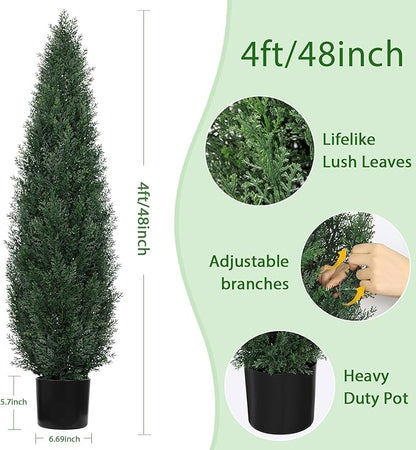 Artificial Cedar Topiary Trees for Outdoors, 4FT UV Resistant Faux Potted Cypress Plants, Set of 2 Realistic Fake Potted Topiary Plants for Home Porch, Garden, and Entryway Decor