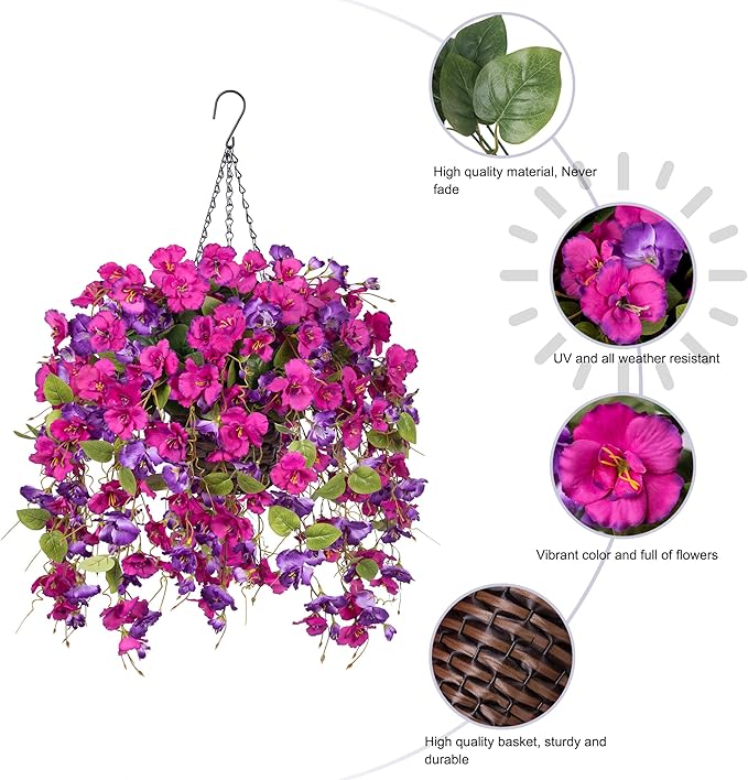 Artificial Fake Hanging Hibiscus Flowers Plants Baskets for Outdoor Outside Spring Summer Decoration, Faux Silk Hibiscus Long Vines in Planter UV Resistant Realistic Flowers (PurpleDarkPurple)