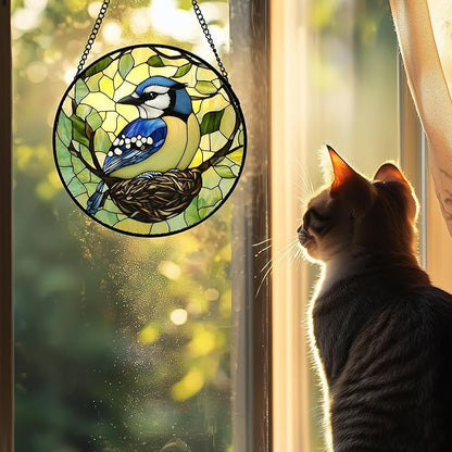 Stained Glass Window Hanging 4 Pcs Set Bird Theme On Branch 6.3" - Cardinal Suncatcher Door Garden Sun Catcher Decor Birthday Christmas for Mom Woman Nana Men