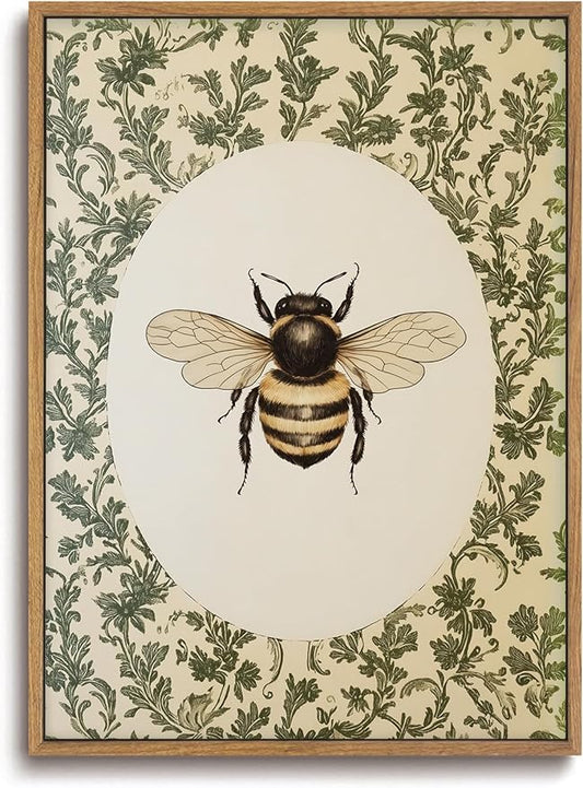 ZZLWBKGL Vintage Bee Framed Wall Art Cottagecore Floral Canvas Wall Art Botanical Insect Pictures Wall Decor Rustic Garden Art Prints for Bedroom Living Room Study