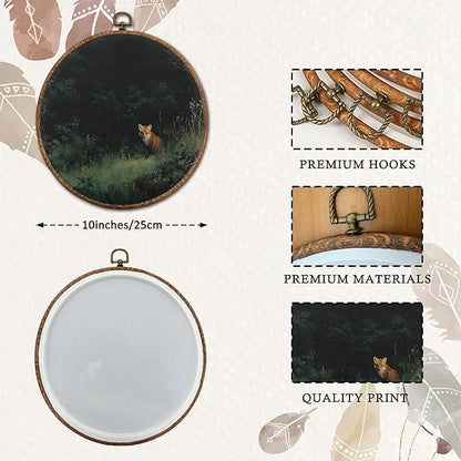 DEQSX Vintage Fox Round Wall Art, Rustic Dark Academia Nature Country Cottagecore Farmhouse Wild Animals Wall Decor Canvas Prints Posters for Home Bedroom Living Room, 10x10 Inches
