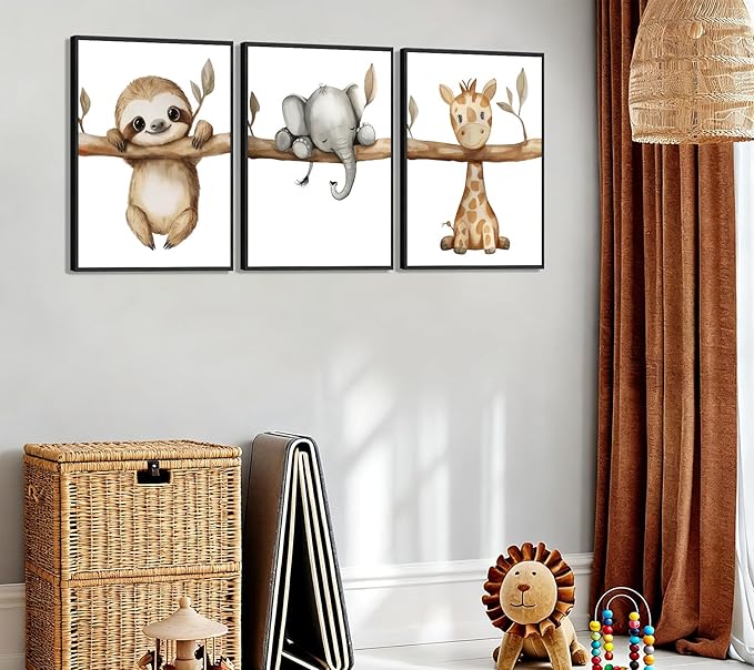 3Pcs Nursery Animal Wall Art Safari Nursery Picture Painting Jungle Animal Wall Decor Cute Elephant Sloth Giraffe Posters Prints Artwork for Boys Girls Baby Room Decoration 12x16in