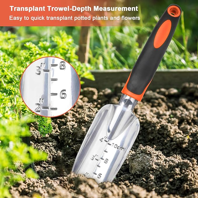 Garden Tools Set, 3 Pack Heavy Duty Gardening Tools Set Include Garden Shovel, Transplant Trowel and Hand Rake with Ergonomic Handle, Aluminum Alloy Lawn for Planting, Orange