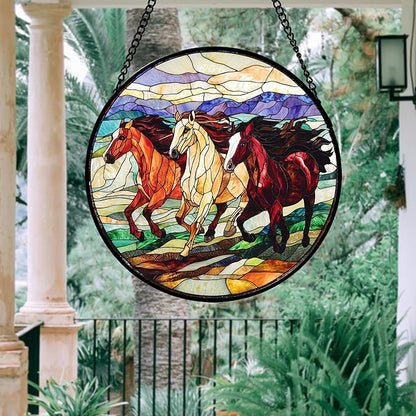 Stained Glass Window Hanging, Colorful Landscape Running Horse Suncatcher for Doors Window Home Sun Catchers Decoration Mother's Day Birthday Gifts for Women, Men, and Mom 11.8x11.8 in
