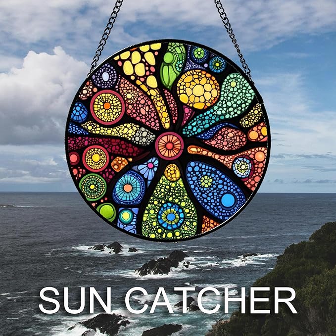 Stained Glass Window Hanging Colorful Abstract Plants 6.3" - Retro Boho Suncatcher Door Garden Sun Catcher Home Decor Birthday Christmas for Mom Men Woman Nana