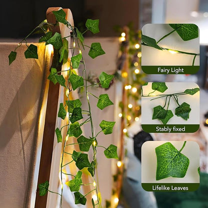 Metaku 33FT 100 LED Vine with Fairy Lights, Battery Operated Ivy String Lights with Remote, Warm White Leaf Lights for Bedroom, Room, Wall, Wedding, Garden, PartyDecor