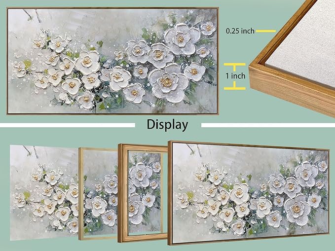Brushart Large White Flower Wall Art Textured Floral Canvas Wall Art Decor Pictures Paintings Artwork for Living Room Dining Room Bedroom Home Office, Framed 48"x24"