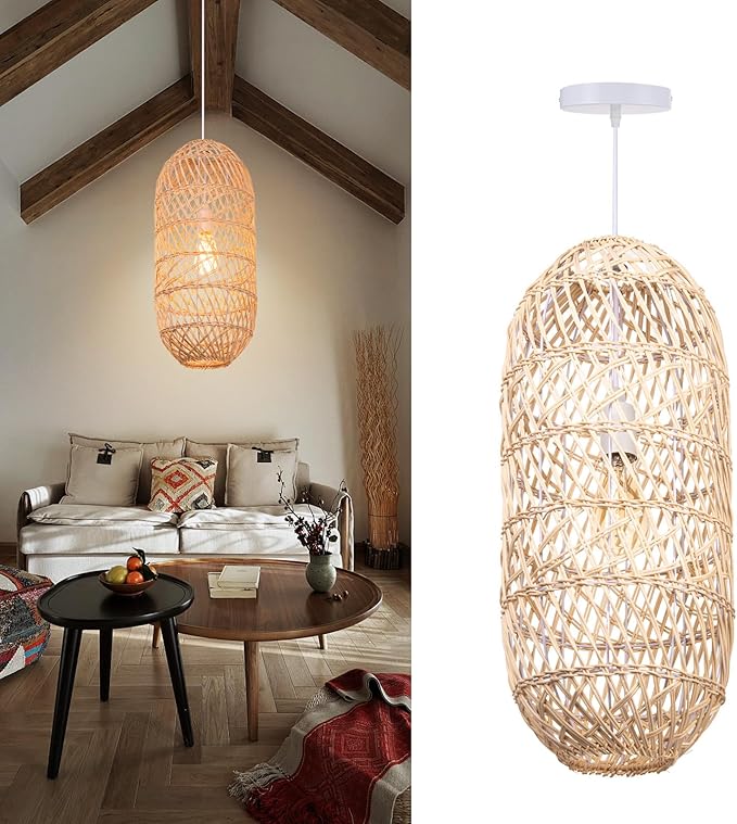 Arturesthome 1 Light Natural Rattan Pendant Light, Woven Chandelier Pendant Lamp Shade, Hanging Ceiling Light, Handmade Lampshade for Bar Hallway D 9.8"* 23.2"