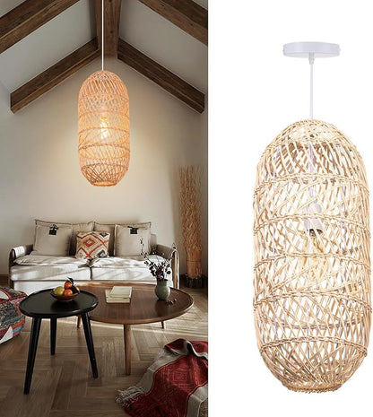 Arturesthome 1 Light Natural Rattan Pendant Light, Woven Chandelier Pendant Lamp Shade, Hanging Ceiling Light, Handmade Lampshade for Bar Hallway D 9.8"* 23.2"