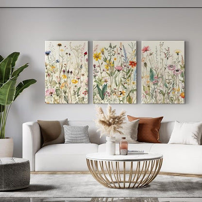 3 Pcs Framed Flowers Canvas Wall Art Watercolor Floral Botanical Prints Wildflower Pictures Wall Decor Colorful Plant Paintings Posters for Bathroom Living Room Bedroom Office Kitchen(16x24in)