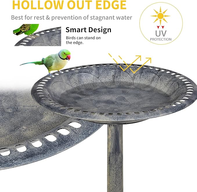 VECELO 28" Pedestal Outdoor Bird Bath for Outside, Vintage Bronze Polyresin Lightweight Antique, Yard/Garden Decoration, Gray